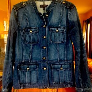 Talbots denim military utility style jacket with chic matte silver buttons.